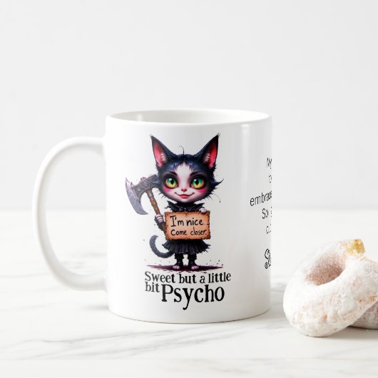 Gothic Psycho Süße Katze mit Axt Kaffeetasse (Mit Donut)
