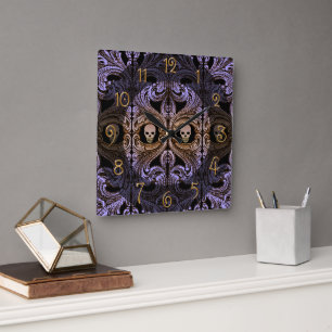 Gothic Purple Ornamente und Totenkopf  Quadratische Wanduhr