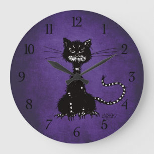 Gothic Purple Ragged Evil Black Cat Große Wanduhr