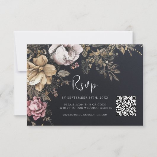 Gothic QR Code Floral Black Wedding RSVP Karte (Vorderseite)