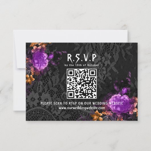 Gothic QR Code Lila Blumenverheiratung RSVP Karte (Vorderseite)