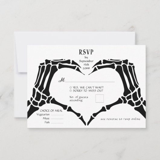 Gothic QR Code Skeleton Hands bis zum Tod Hochzeit RSVP Karte (Vorderseite)