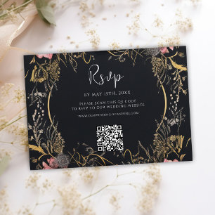 Gothic QR Code Skull Floral Wedding RSVP Karte