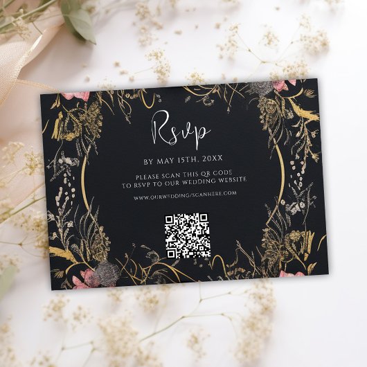 Gothic QR Code Skull Floral Wedding RSVP Karte