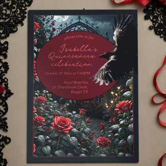 Gothic Quinceanera Dark Rote Rose Garden & Raven Einladung