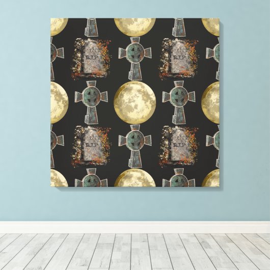 Gothic R.I.P. Headstone Celtic Cross Vollmond Art Leinwanddruck (Insitu (Holzboden))