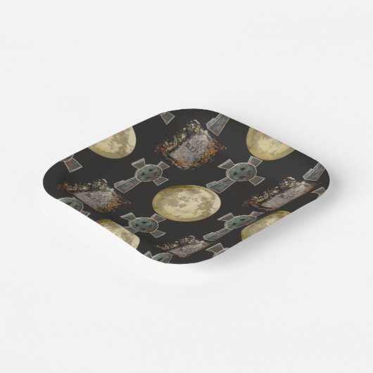 Gothic R.I.P. Headstone Celtic Cross Vollmond Art Pappteller (Gewinkelt)