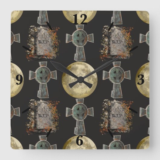Gothic R.I.P. Headstone Celtic Cross Vollmond Art Quadratische Wanduhr (Vorderseite)