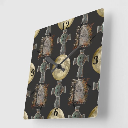 Gothic R.I.P. Headstone Celtic Cross Vollmond Art Quadratische Wanduhr (Winkel)