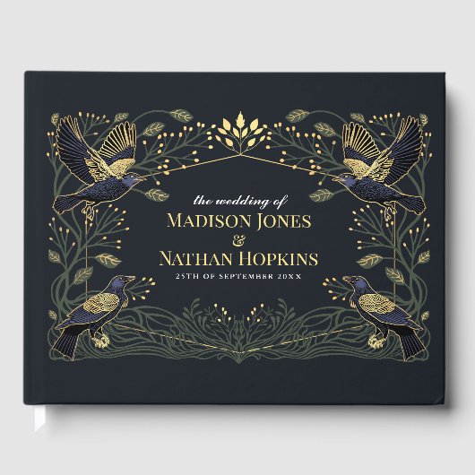 Gothic Raven Blumengrün-Blätter Hochzeit Gästebuch (Vorderseite)