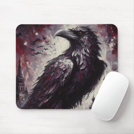 Gothic Raven Crow Bird Painting Black Gray Mousepad (Mit Mouse)