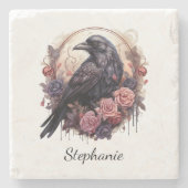 Gothic Raven Dark Academia Floral Steinuntersetzer (Vorderseite)
