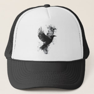 Gothic Raven Illustration: Rauch und Federn Truckerkappe