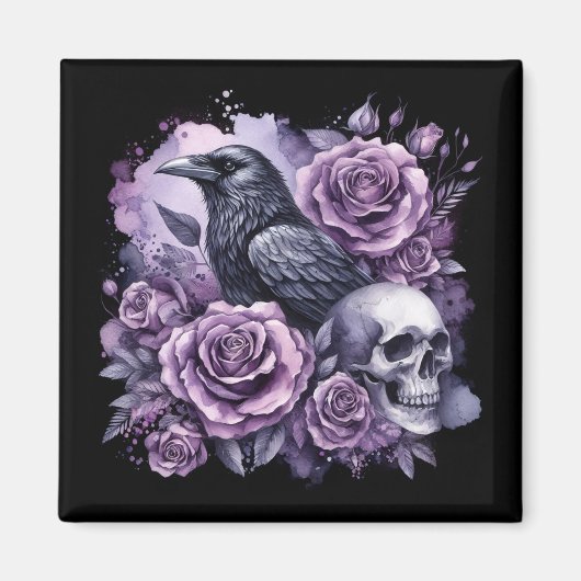 Gothic Raven Lila Rose Skull Magnet (Vorne)
