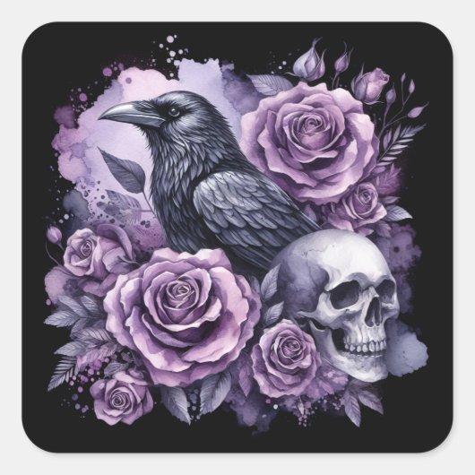 Gothic Raven Lila Rose Skull Quadratischer Aufkleber (Vorderseite)