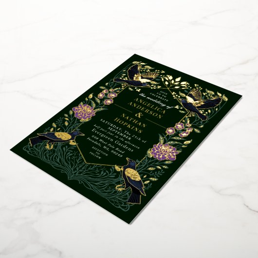 Gothic Raven Lila Snapdragon Wedding Folieneinladung (Gedreht)