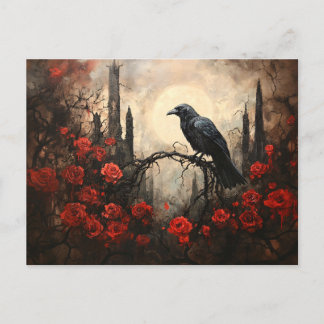 Gothic Raven mit dunklen Rote Rosen Postkarte