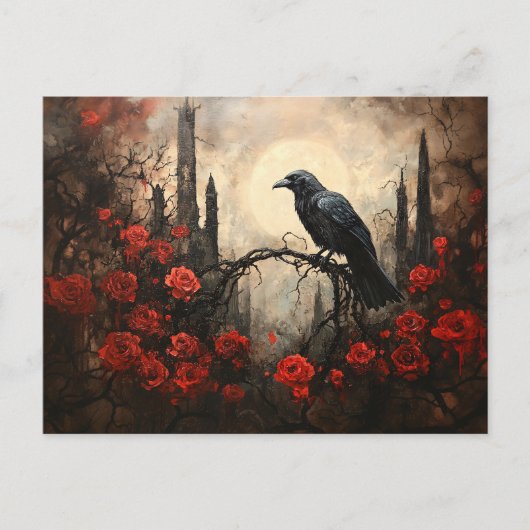 Gothic Raven mit dunklen Rote Rosen Postkarte (Vorderseite)