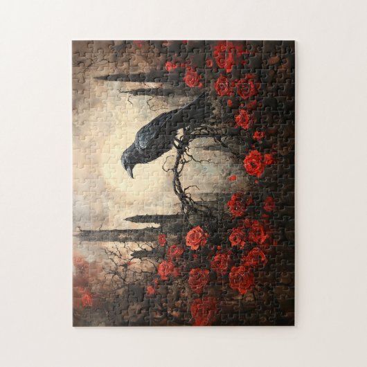 Gothic Raven mit dunklen Rote Rosen Puzzle (Vertikal)