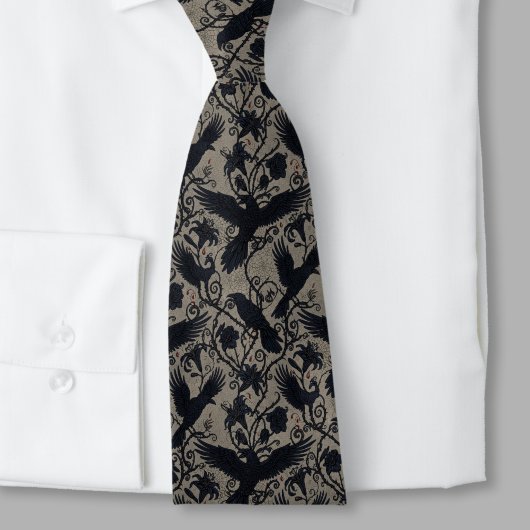Gothic Raven Necktie – Dark Floral & Raven Motif Krawatte
