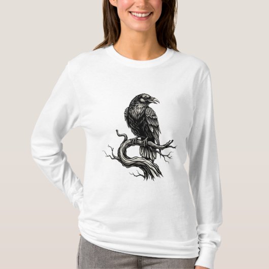 Gothic Raven on Tree Branch - Dunkles Halloween T-Shirt (Vorderseite)