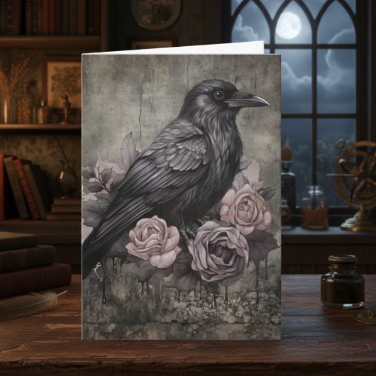 Gothic Raven Pink Floral Dark Academia Karte