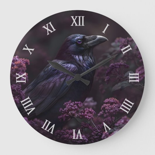Gothic Raven Purple Blumen Große Wanduhr (Vorderseite)