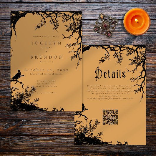 Gothic Raven Tree Engraving Black Orange Wedding Einladung