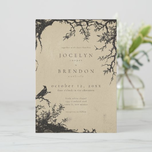 Gothic Raven Tree Engraving Black Tan Wedding Einladung (Stehend Vorderseite)