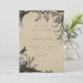Gothic Raven Tree Engraving Schwarz Beige Hochzeit Einladung (Stehend Vorderseite)