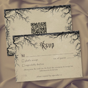 Gothic Raven Tree Engraving Schwarz Beige Hochzeit RSVP Karte