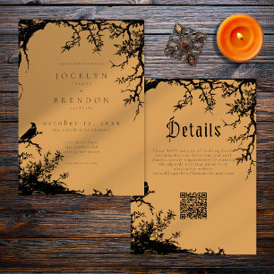 Gothic Raven Tree Engraving Schwarz Orange Hochzei Einladung