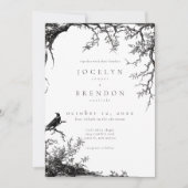 Gothic Raven Tree Engraving Schwarz Weiß Hochzeit Einladung (Vorderseite)