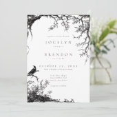 Gothic Raven Tree Engraving Schwarz Weiß Hochzeit Einladung (Stehend Vorderseite)