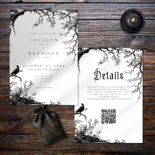 Gothic Raven Tree Engraving Schwarz Weiß Hochzeit Einladung