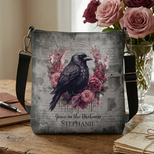 Gothic Raven und rosa Rosen Dark Academia Tragetaschen Mit Langen Trägern