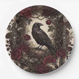 Gothic Raven und rote Rosen Vintage-Rahmen-Design Pappteller