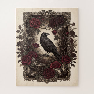 Gothic Raven und rote Rosen Vintage-Rahmen-Design Puzzle