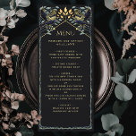 Gothic Raven Wedding Flat Menü Menükarte<br><div class="desc">Elegantes und gotisches Hochzeitsdesign mit Raben und Blattwerk. Dieses Design ist mit einem schwarzen Hintergrund,  dunkelblauen Raben und matten grünen Blätter mit goldenen Akzenten ausgestattet. Matching Items in unserem Shop für ein komplettes Party Thema.</div>