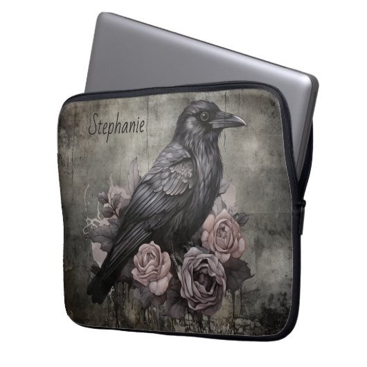 Gothic Raven with Roses Dark Laptopschutzhülle (Vorderseite Links)