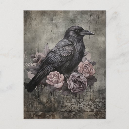 Gothic Raven with Roses Vintage Art Print Postkarte (Vorderseite)