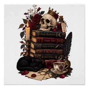 Gothic Reader Literarischer Bücherwurm Schädel und Poster