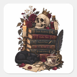 Gothic Reader Literarischer Bücherwurm Schädel und Quadratischer Aufkleber
