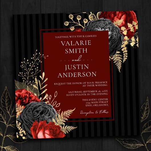 Gothic Red and Black Floral Budget Hochzeit Einladung