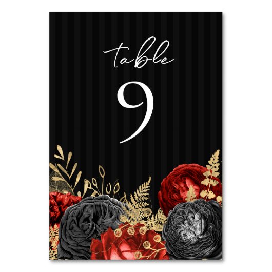 Gothic Red and Black Floral Wedding Tischnummer (Vorderseite)