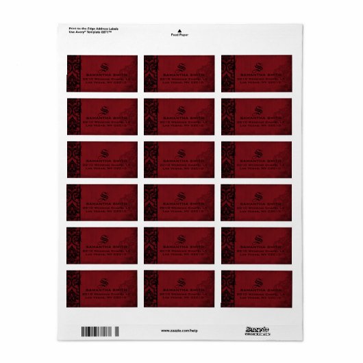 Gothic Red Black Damask Wedding Labels Adressaufkleber (Vorne)