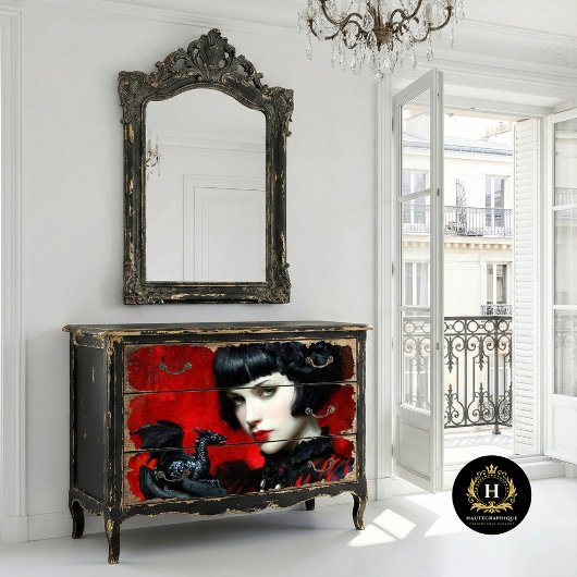 Gothic Red Black Dragon Woman Fantasy Decoupage Seidenpapier