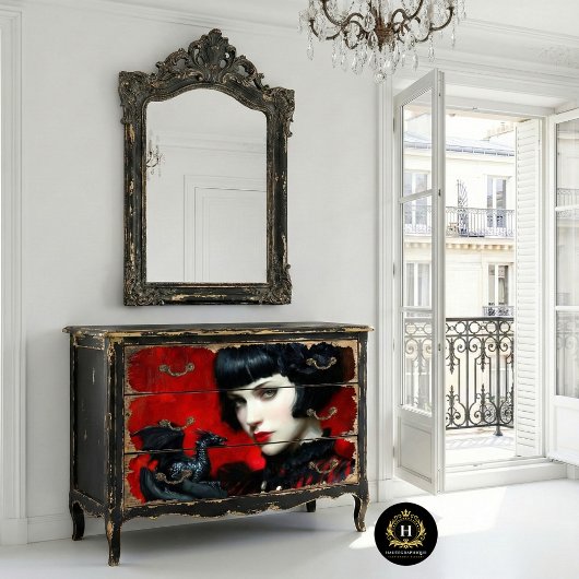 Gothic Red Black Dragon Woman Fantasy Decoupage Seidenpapier