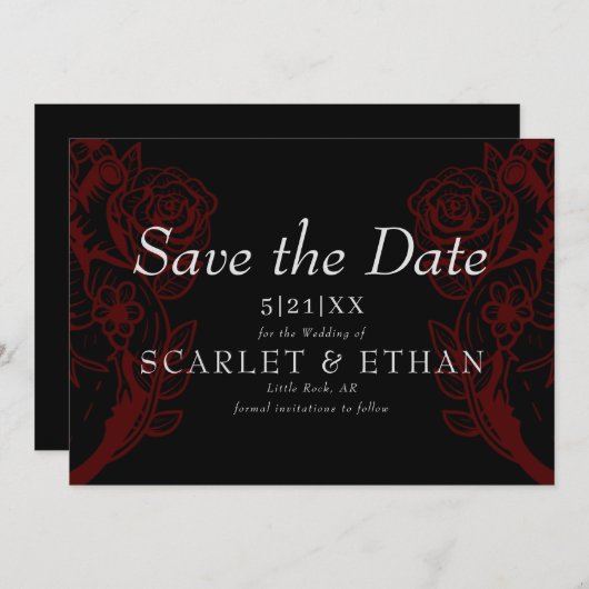 Gothic Red & Black Floral Heart Modern Wedding Sav Save The Date (Vorne/Hinten)