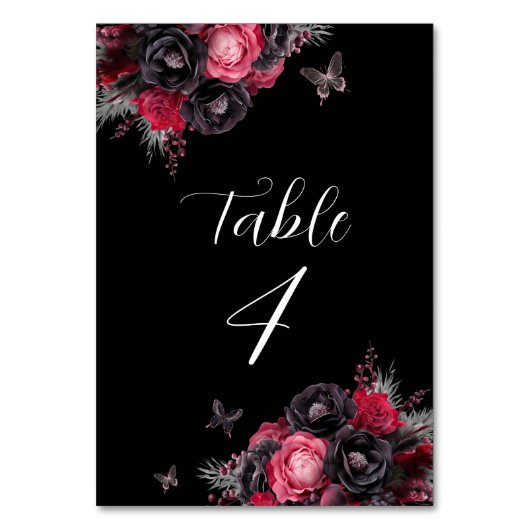 Gothic Red & Black Moody Florals Quinceañera Tischnummer (Vorderseite)